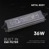 V-TAC IP67 slim fémházas LED tápegység 12V 36W 3A - SKU 24262