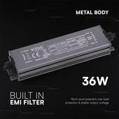 V-TAC IP67 slim fémházas LED tápegység 24V 36W 1.5A - SKU 24243