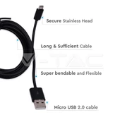 V-TAC MicroUSB kábel 1,5m hosszú, fekete  - SKU 8448