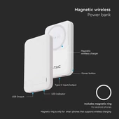 V-TAC 10000mAh powerbank, MagSafe vezeték nélküli töltéssel, fehér - SKU 23039