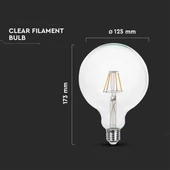 V-TAC 12W E27 természetes fehér filament G125 LED égő, 125 Lm/W - SKU 217454