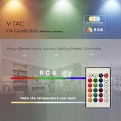 V-TAC 4.8W E14 RGB+ Természetes fehér C37 gyertya LED égő, 24 gombos távirányítóval  - SKU 2929