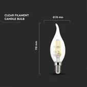 V-TAC 4W E14 meleg fehér filament C35 LED gyertyaláng égő - SKU 214302