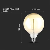 V-TAC 8W borostyán E27 dimmelhető filament G125 LED égő, 2200K - SKU 217155
