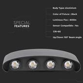 V-TAC 8W kültéri fekete fali LED lámpa meleg fehér - SKU 8619