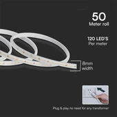 V-TAC 230V AC LED szalag IP65 SMD 2835 chip 120 db/m piros színű, 50m/tekercs - SKU 23730