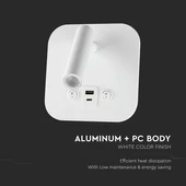 V-TAC ágy fölé való fali 8W CREE LED lámpa USB töltővel, meleg fehér, fehér ház - SKU 240026