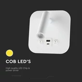 V-TAC ágy fölé való fali 8W CREE LED lámpa USB töltővel, meleg fehér, fehér ház - SKU 240026