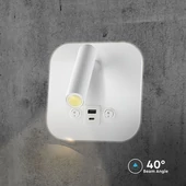 V-TAC ágy fölé való fali 8W CREE LED lámpa USB töltővel, meleg fehér, fehér ház - SKU 240026
