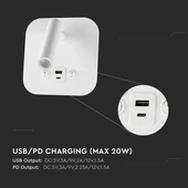 V-TAC ágy fölé való fali 8W CREE LED lámpa USB töltővel, meleg fehér, fehér ház - SKU 240026
