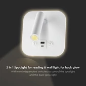V-TAC ágy fölé való fali 8W CREE LED lámpa USB töltővel, meleg fehér, fehér ház - SKU 240026