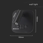 V-TAC ágy fölé való fali 8W CREE LED lámpa USB töltővel, meleg fehér, fekete ház - SKU 240036