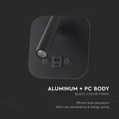 V-TAC ágy fölé való fali 8W CREE LED lámpa USB töltővel, meleg fehér, fekete ház - SKU 240036