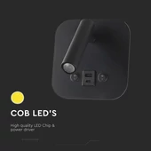 V-TAC ágy fölé való fali 8W CREE LED lámpa USB töltővel, meleg fehér, fekete ház - SKU 240036