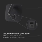 V-TAC ágy fölé való fali 8W CREE LED lámpa USB töltővel, meleg fehér, fekete ház - SKU 240036