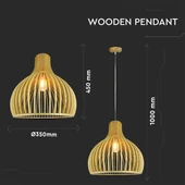 Wooden Pendant Light With Chrome Decorative Cap + Canopy + Lampshade Round D350*H450MM