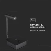V-TAC fali LED COB olvasólámpa kapcsolóval és USB porttal fekete 3W meleg fehér, fekete - SKU 1487