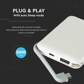 V-TAC fehér, 5000mAh powerbank, beépített kábellel, jelzőfénnyel - SKU 8864