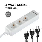 3 Ways Socket With 2 USB (3G 1.5MM2 X 5M) Polybag With Card White