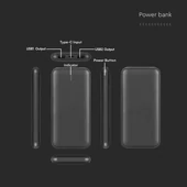 V-TAC fekete 10000mAh powerbank, 30cm Type-C kábellel - SKU 23036