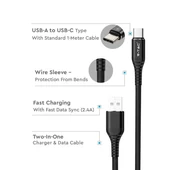 V-TAC fekete, USB - Type-C 1m hálózati kábel - SKU 8632