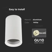 V-TAC GU10 LED falon kívüli lámpatest, fehér, tartozék GU10 foglalattal, 10 cm - SKU 8948