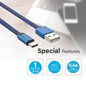 V-TAC kék, USB - Type-C 1m hálózati kábel - SKU 8630