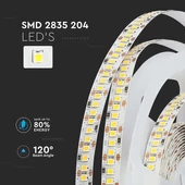 V-TAC LED szalag IP20 SMD 2835 chip 204 db/m meleg fehér, 100 Lm/W - SKU 212461