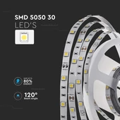 V-TAC LED szalag IP20 SMD 5050 chip 30 db/m meleg fehér - SKU 212135