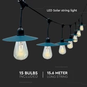 V-TAC napelemes LED fényfüzér 15 db ST64-es formájú égőkkel, 15 méter hosszú - SKU 23034