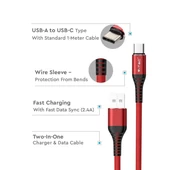 V-TAC piros, USB - Type-C 1m hálózati kábel - SKU 8634