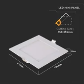 V-TAC süllyeszthető szögletes fémházas LED panel 12W meleg fehér - SKU 214866