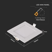 V-TAC süllyeszthető szögletes fémházas LED panel 6W hideg fehér - SKU 214865