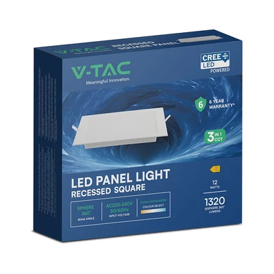 V-TAC CREE SMD süllyeszthető, műanyag IP20, négyzet LED panel 12W, CCT - SKU 104836