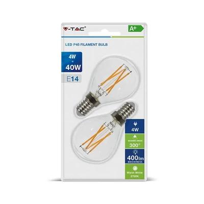 V-TAC 4W E14 meleg fehér filament LED égő csomag (2 db) - SKU 7366