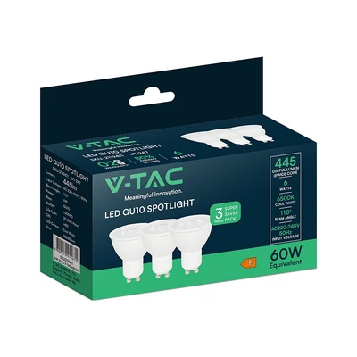 V-TAC GU10 LED spot égő 3 db/csomag 6W hideg fehér 110° - SKU 2119411