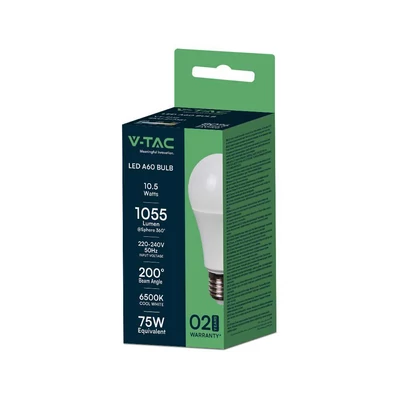 V-TAC 10.5W E27 hideg fehér A60 LED égő, 100 Lm/W - SKU 217351