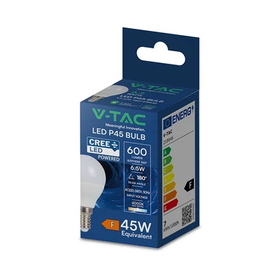 V-TAC 6.5W E14 természetes fehér P45 CREE LED égő - SKU 218646