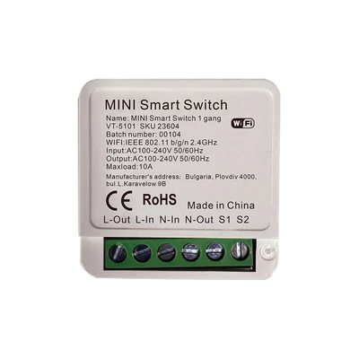 V-TAC SMART WiFi egysarkú kapcsoló, 10A-ig - SKU 23604