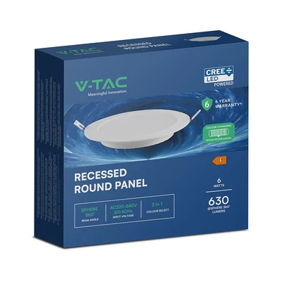 V-TAC CREE SMD süllyeszthető, műanyag, kerek LED panel 6W, CCT - SKU 78586