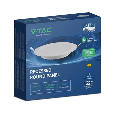 V-TAC CREE SMD süllyeszthető, műanyag, kerek LED panel 12W, CCT - SKU 78616