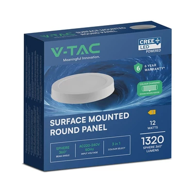 V-TAC CREE SMD felületre szerelhető, műanyag, kerek LED panel 12W, CCT - SKU 78736