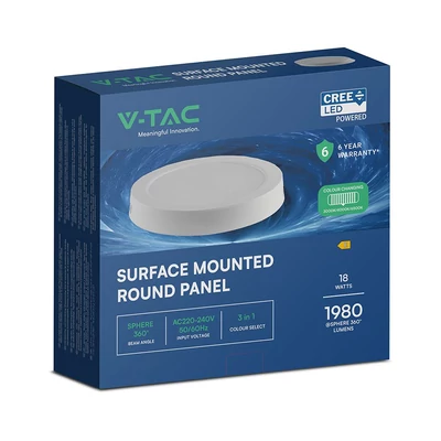 V-TAC CREE SMD felületre szerelhető, műanyag, kerek LED panel 18W, CCT - SKU 78766