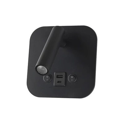 V-TAC ágy fölé való fali 8W CREE LED lámpa USB töltővel, meleg fehér, fekete ház - SKU 240036