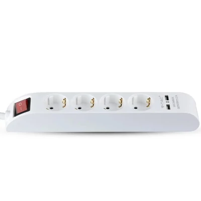 4 Ways Socket With Lighted Switch &amp; 2 Usb Port 3G 1.5mm*1.4M White