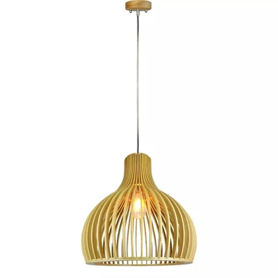 Wooden Pendant Light With Chrome Decorative Cap + Canopy + Lampshade Round D350*H450MM