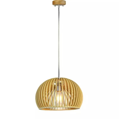 Wooden Pendant Light With Chrome Decorative Cap + Canopy + Lampshade Big Round  D330*H220MM
