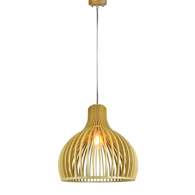 Wooden Pendant Light With Chrome Decorative Cap + Canopy + Lampshade Cone Cave D450*H450MM
