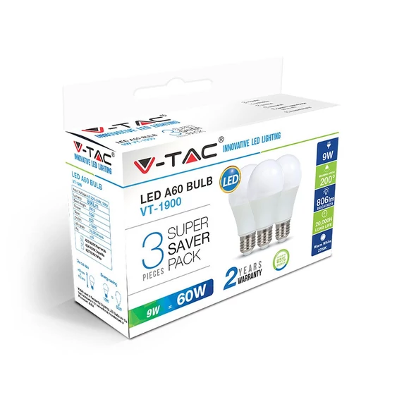 V-TAC 9W E27 meleg fehér LED égő csomag (3 db) - SKU 7240