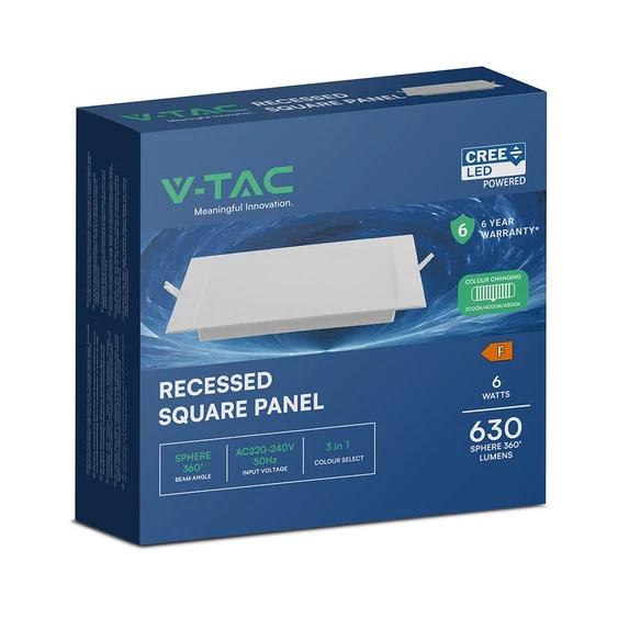 V-TAC CREE SMD süllyeszthető, műanyag, szögletes LED panel 6W, CCT - SKU 104806